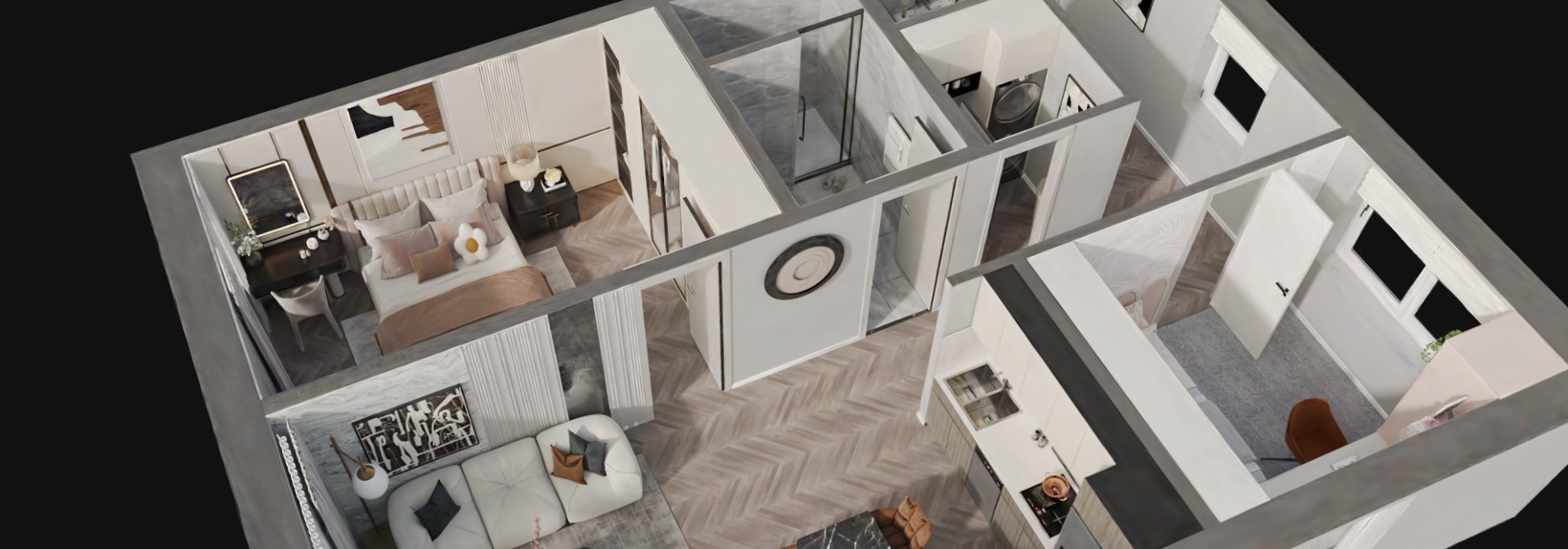 3D-Dollhouse Ansicht – Blick von oben in das Gebäude